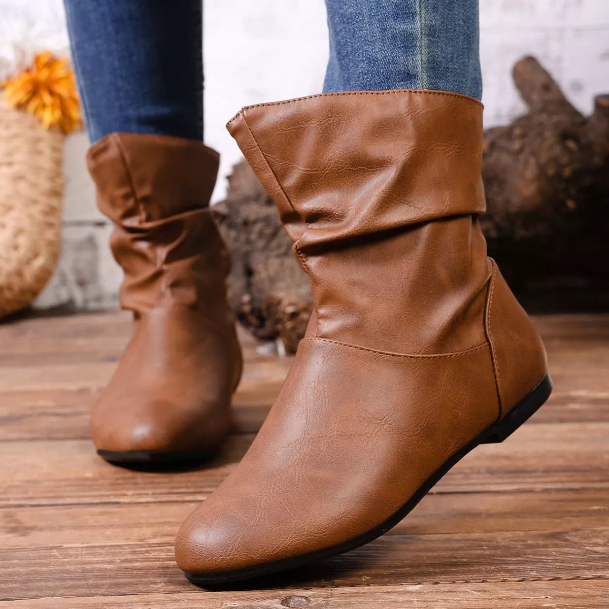 Flat Ankle Boots with Wrinkled Design