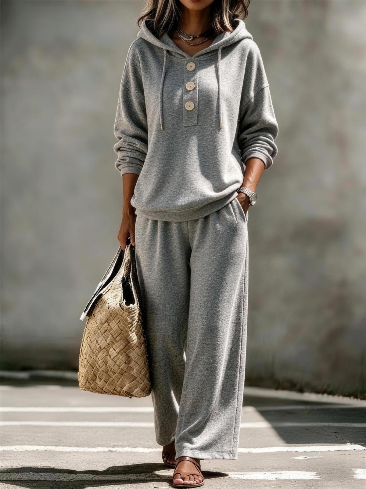 Women's Button-Neck Hoodie & Wide-Leg Pants Set