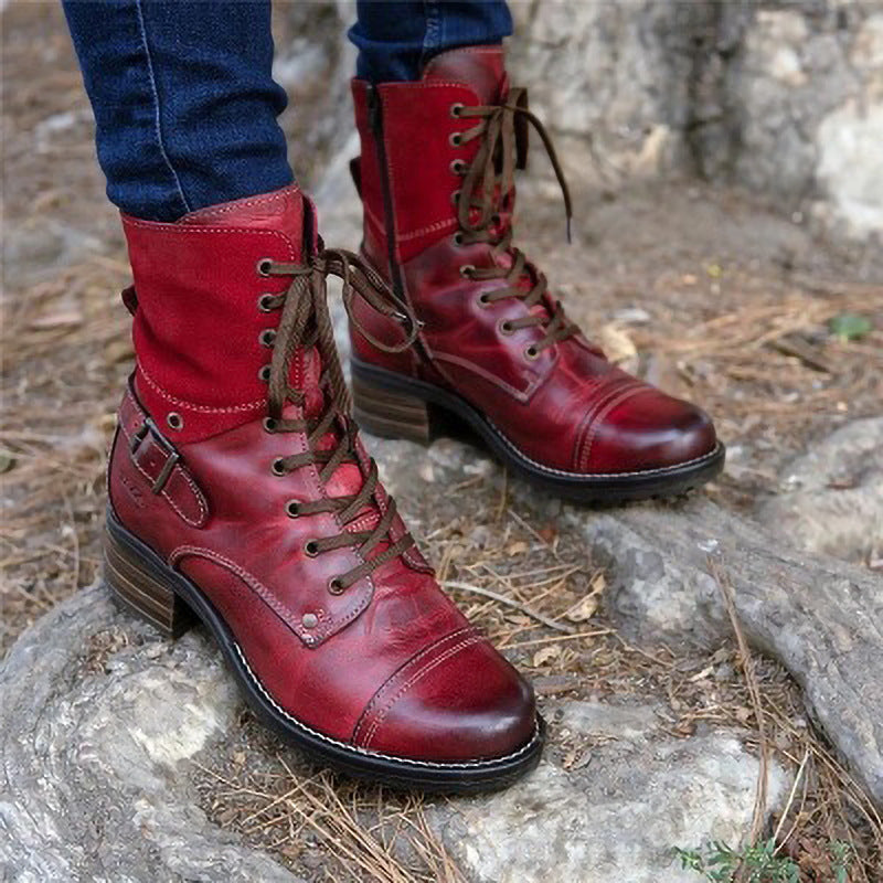 Casual Low-Heeled Round-Toe Lace-Up Ankle Boots
