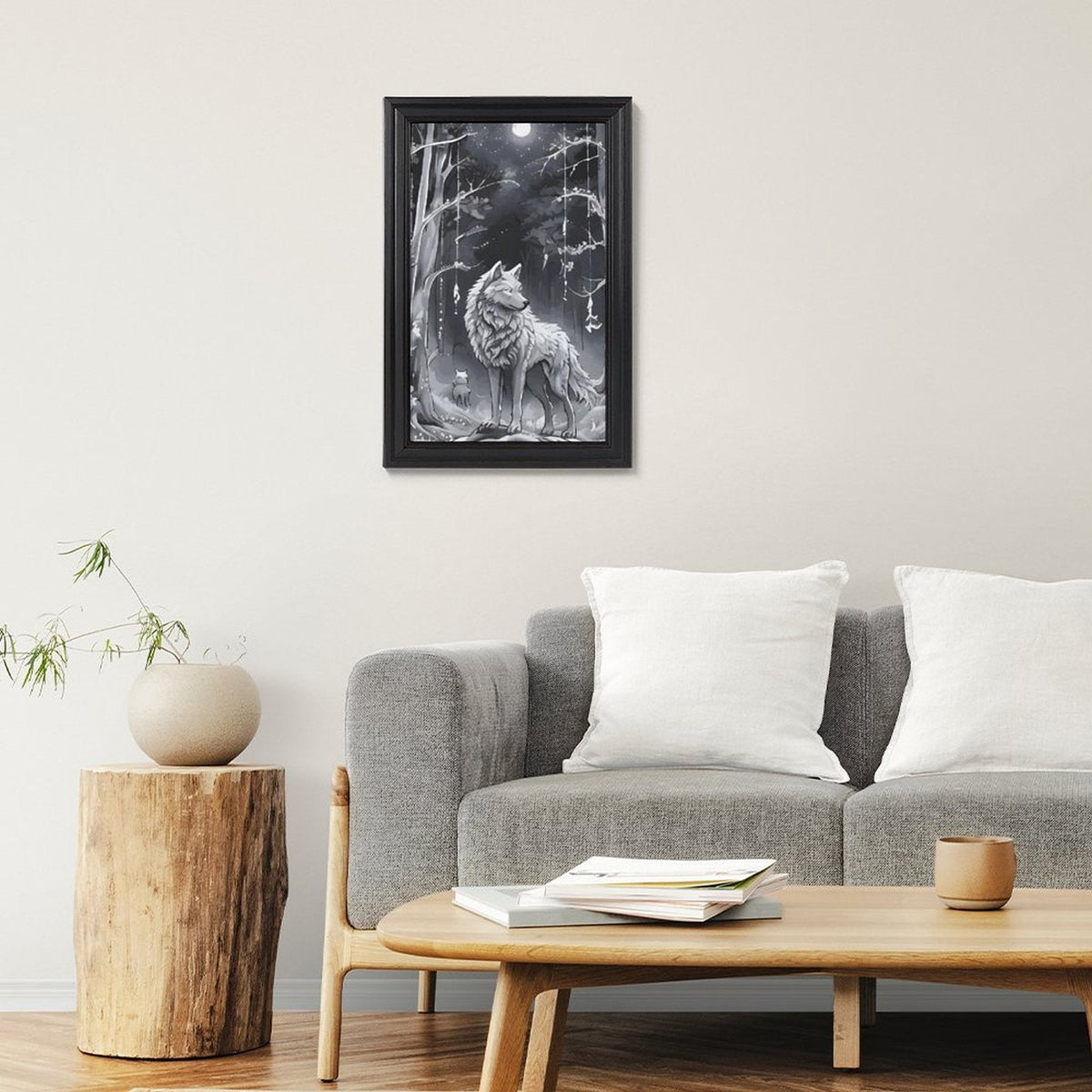 Ethereal Wolf in the Moonlight Framed Vertical Canvas Wall Art Print - 16" × 24"