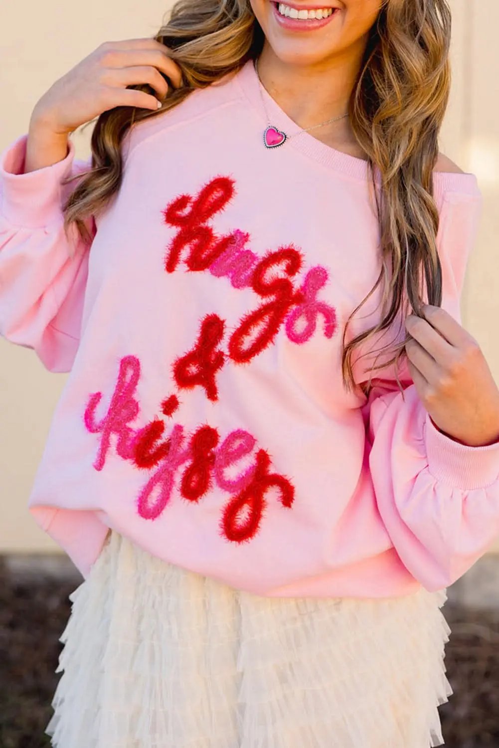 Love Salve Women's Embroidered Sweatshirt Pink Raglan Crew Neck