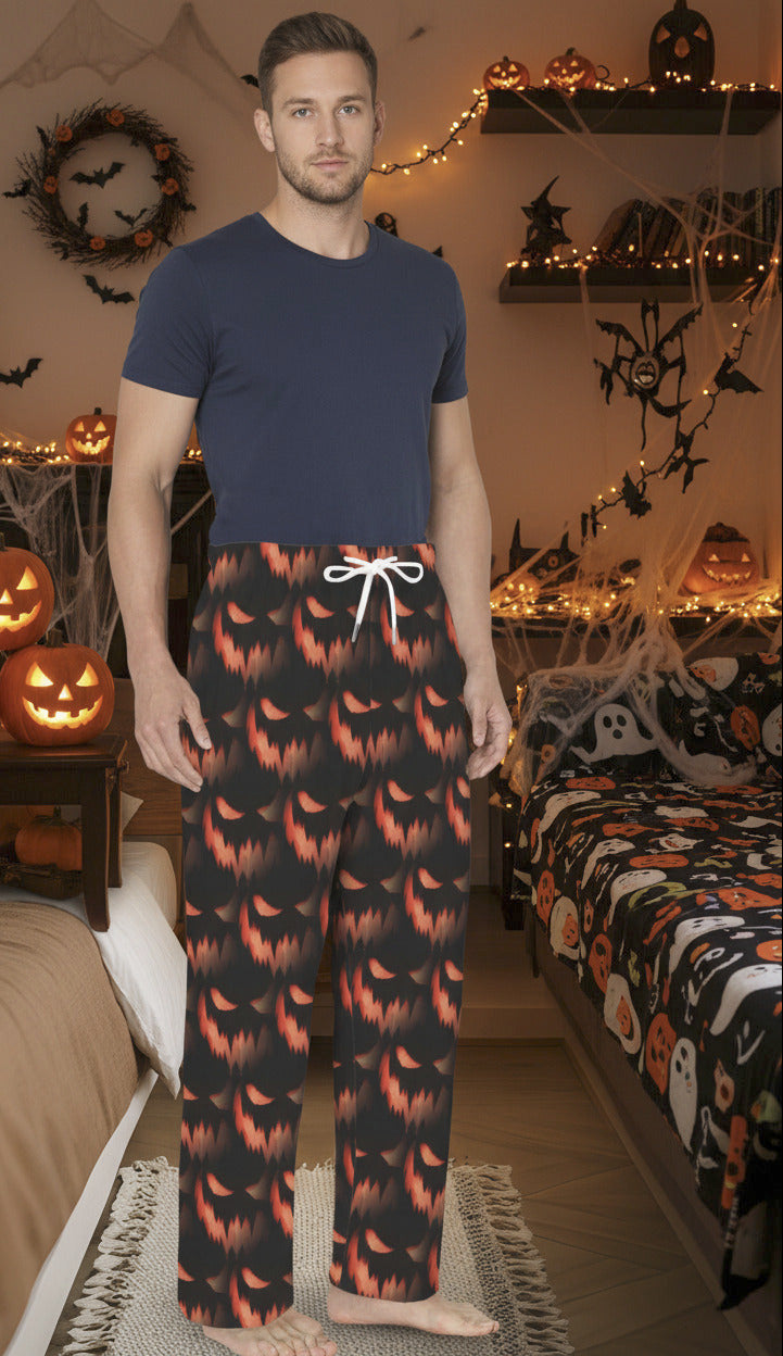Orange Spooky Face Pattern Men's Drawstring Pajama Pants Without Pockets