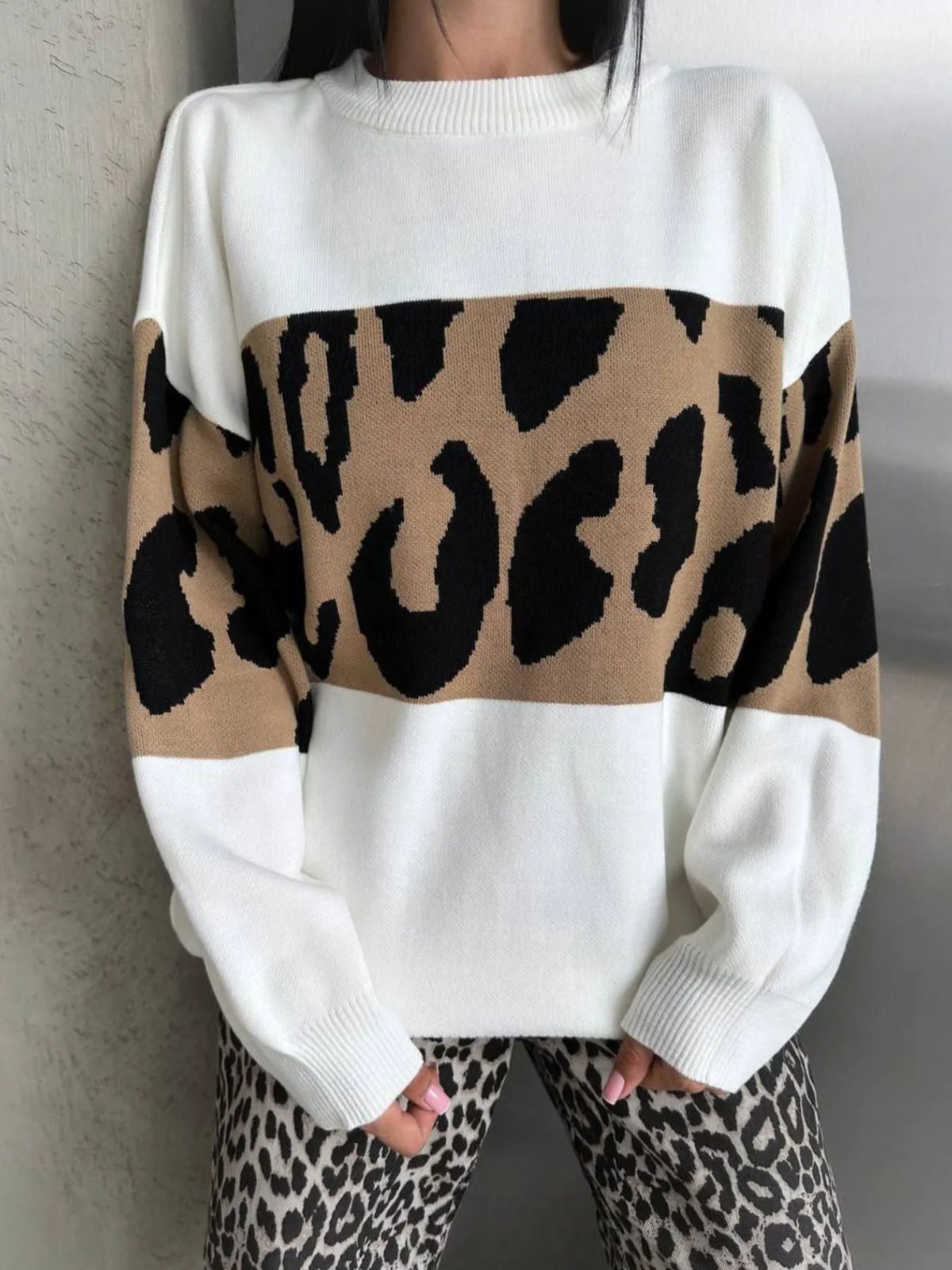 Leopard Color Block Round Neck Sweater