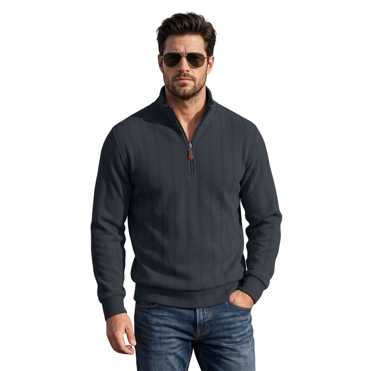 Cross-border TK Men's Vertical Stripe Waffle Half-Zip Stand Collar Long Sleeve Top, Solid Color Casual Pullover American Sweatshirt