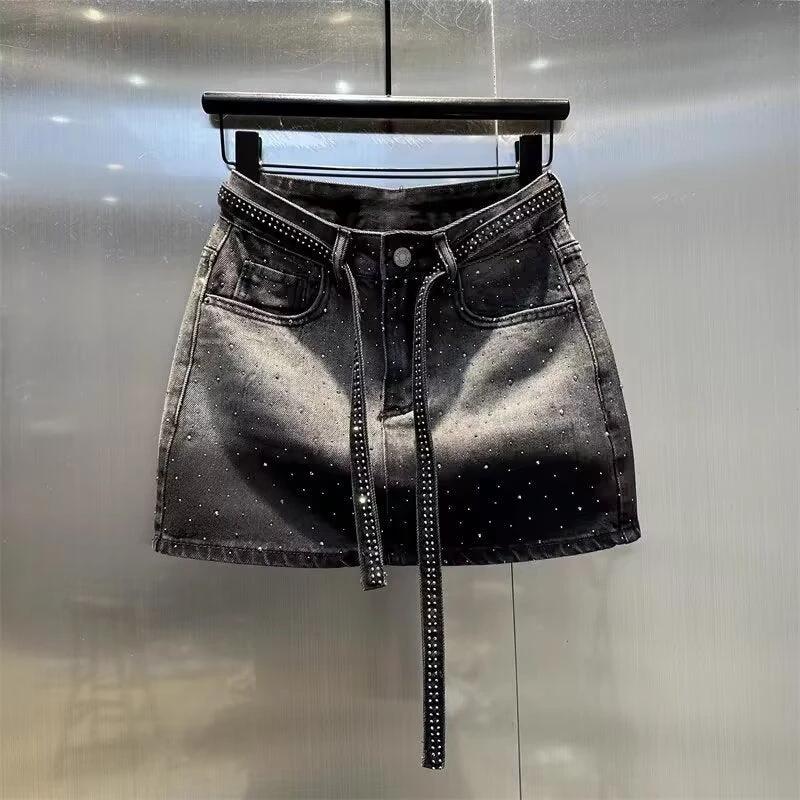 Summer New Rhinestone Five-point Denim Wide Leg A- Line Skirt
