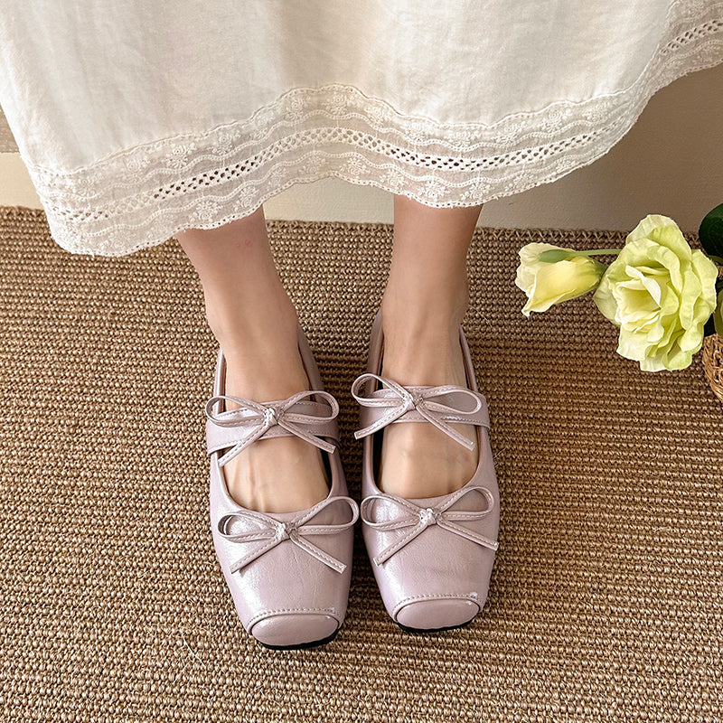 Women Kawaii Double Front Bow Two Ribbon Strap Mary Jane Flats, Square Toe Soft Matte Leather Slip On Gentle Casual Spring Student Doll Ballerina Loafer Shoes