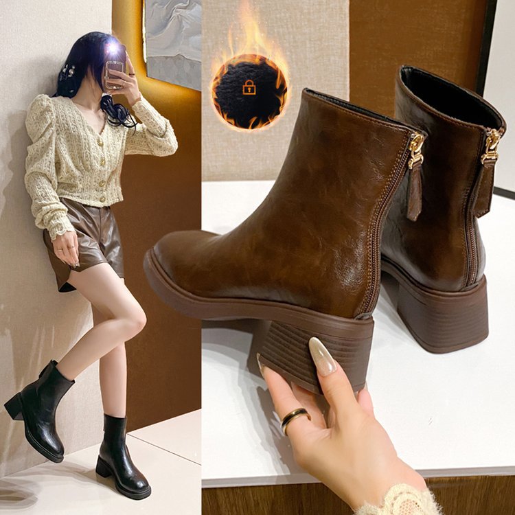 Retro Chunky-heeled Short Square-toe Mid-heel Boots