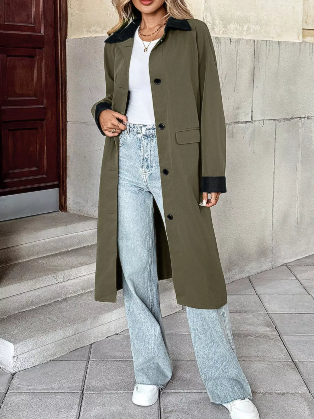 Contrast Collar Button Up Coat