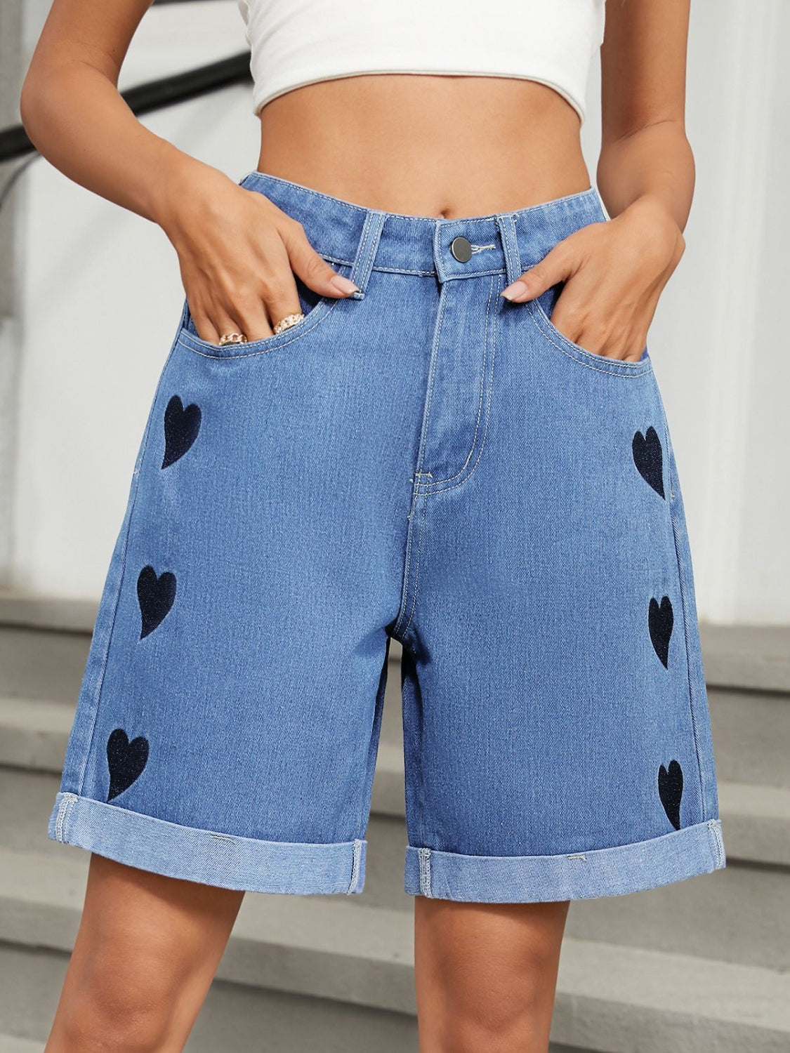 Heart-Pattern Rolled Hem Denim Shorts