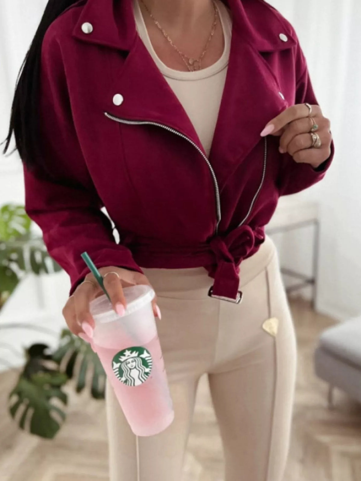 Cropped Biker Jacket with Belt Detail