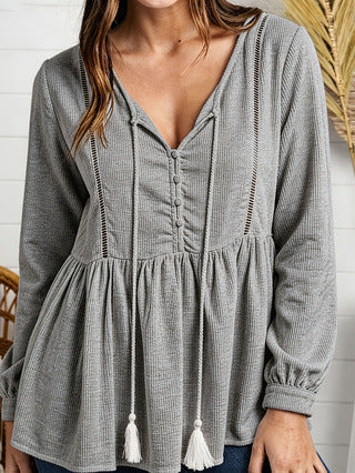 Women New Fall Winter Fashion V-Neck Patchwork Long Sleeve Sweatshirt With Lace Trim