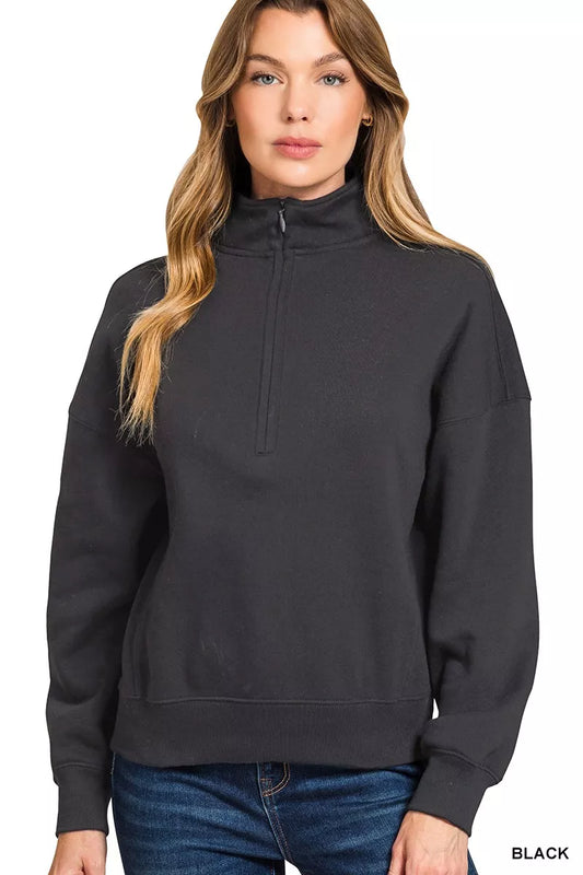 Zenana Fleece High Neck Half Zip Sweatshirt in Black