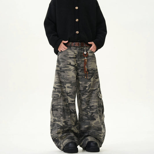 Vaqueros anchos retro casuales de camuflaje para hombre