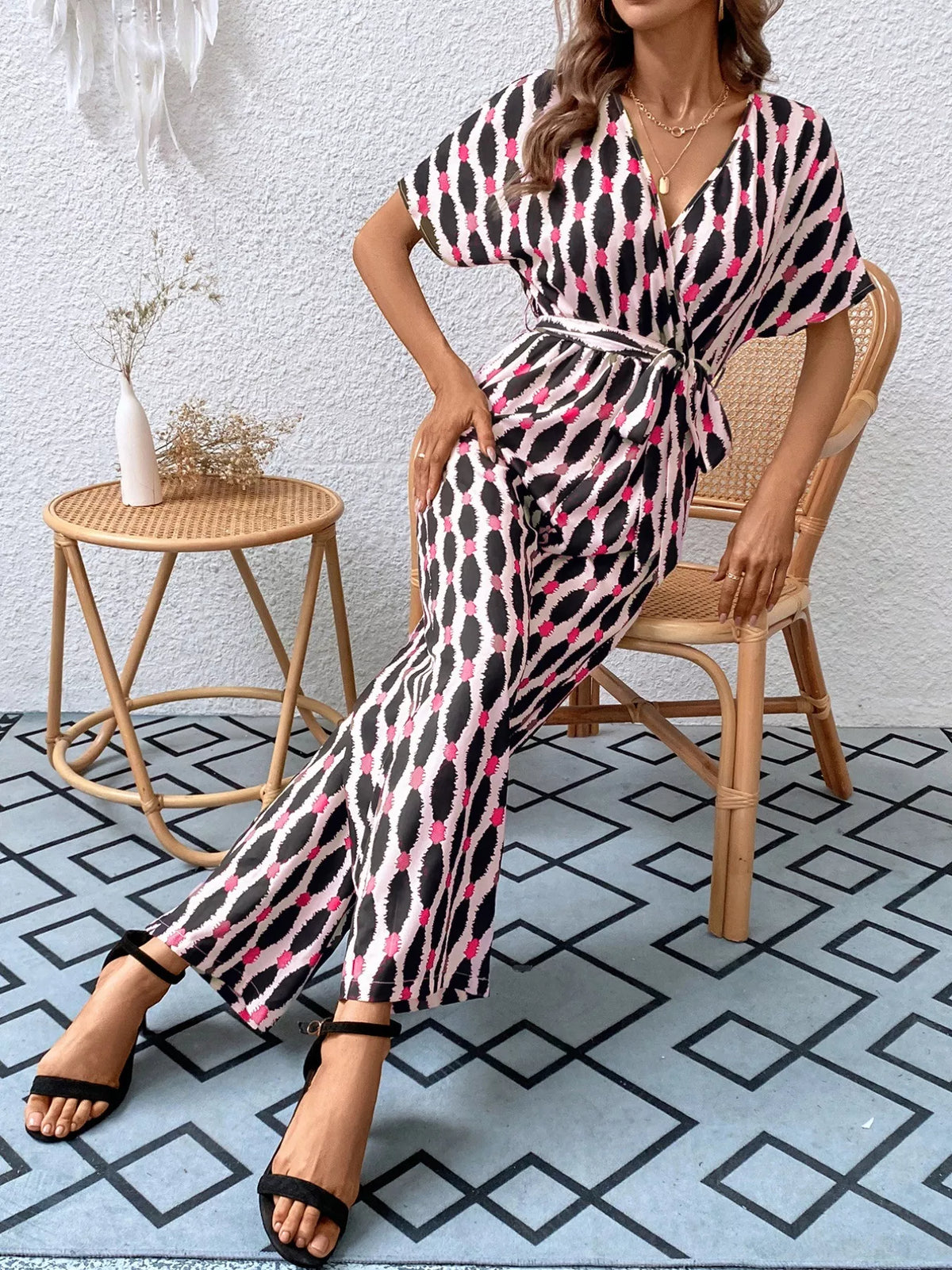 Printed Surplice Tie Waist Short Sleeve Jumpsuit
