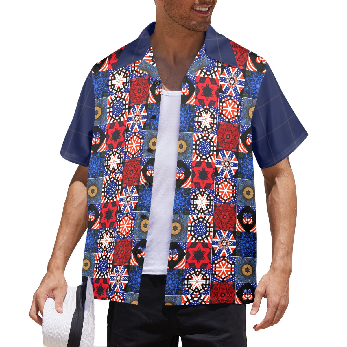 USA Pattern with Blue Sleeves Men's Printed Hawaiian Shirt (Made in USA)