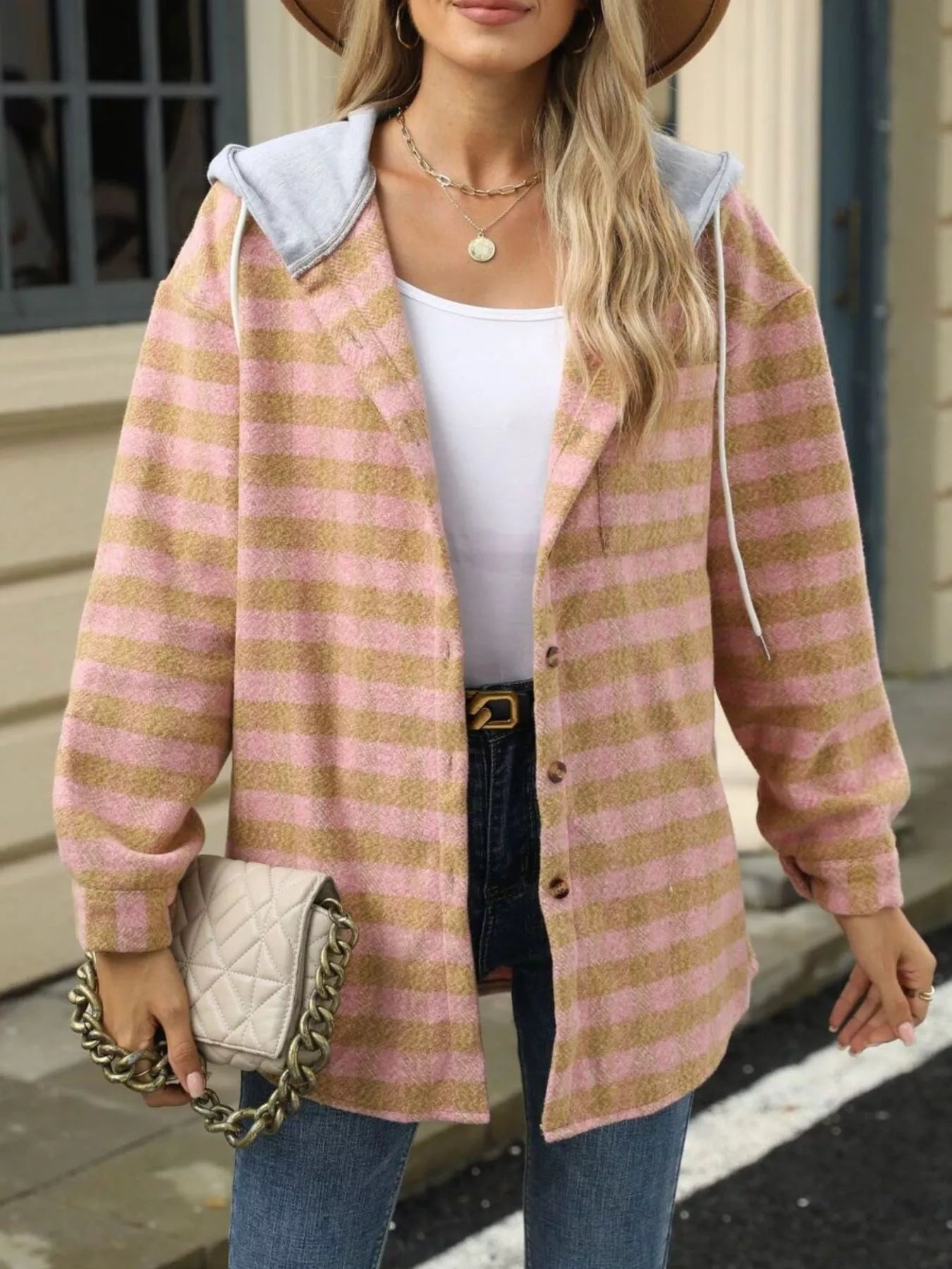 Plaid Button Up Long Sleeve Drawstring Hooded Jacket