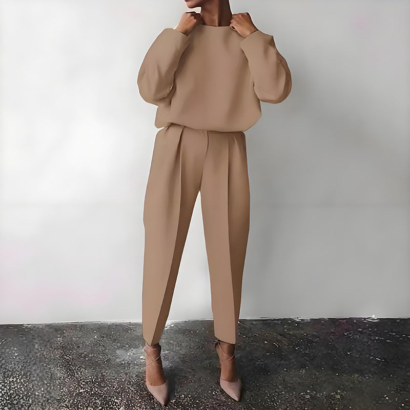 Conjunto de 2 piezas de color liso para mujer: top de manga larga y pantalón plisado para estar en casa