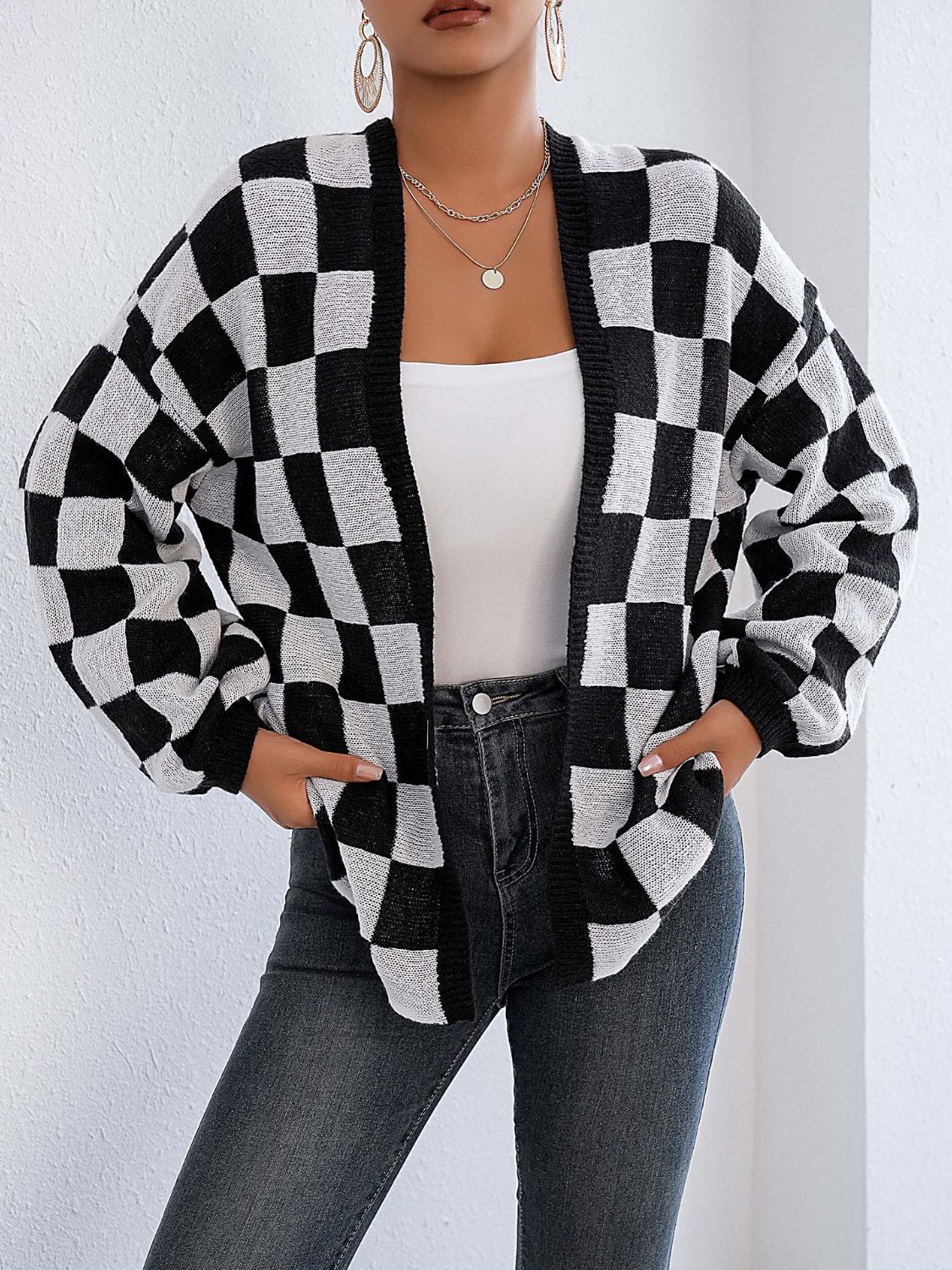Black and White Checkered Cardigan - Checkered Open Front Long Sleeve Cardigan