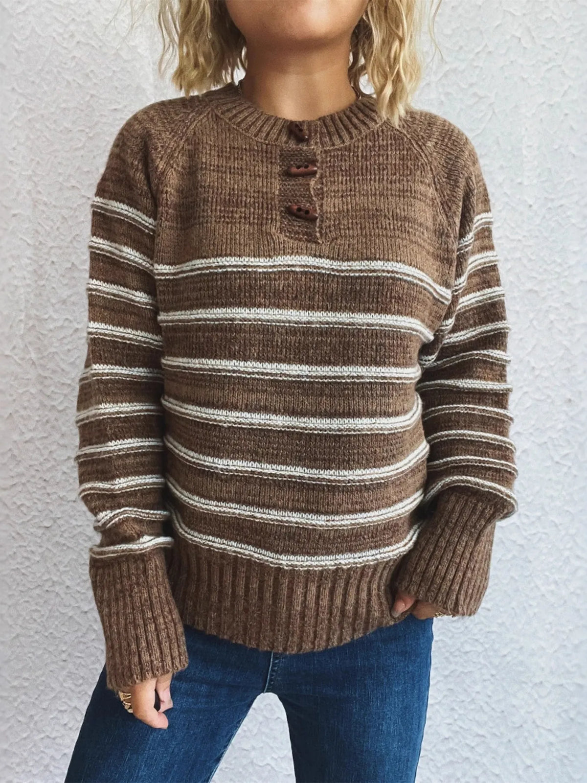 Striped Button Detail Long Sleeve Sweater
