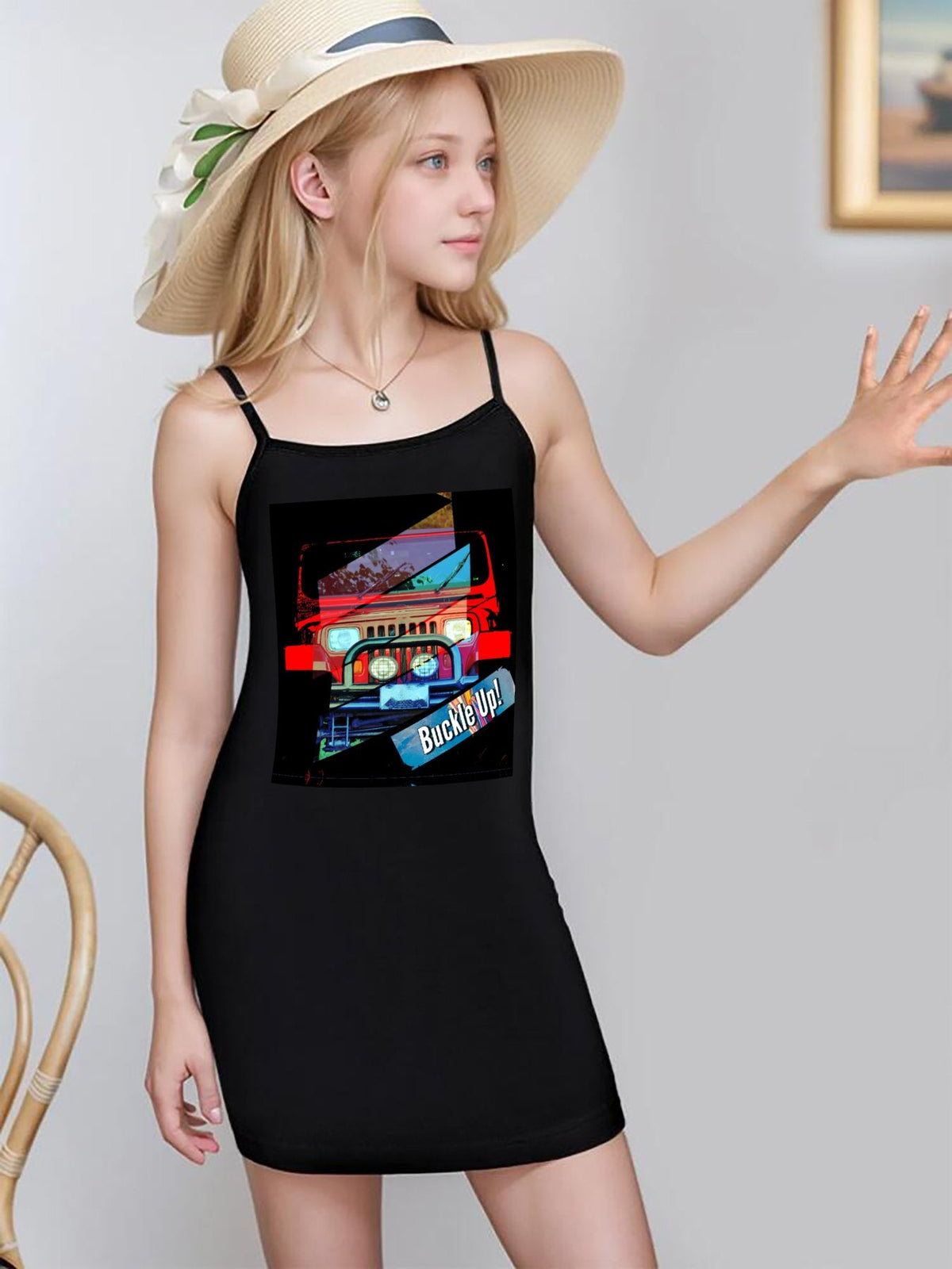 Girl's Buckle Up! 4-wheel Drive Short Black Dress with Spaghetti Straps