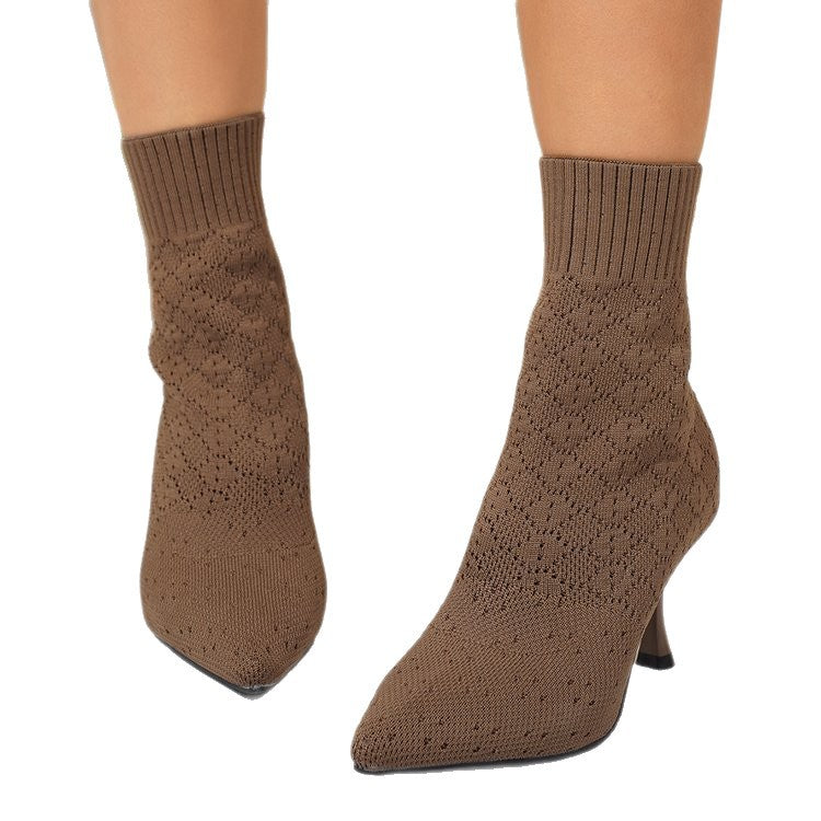 Pointed-toe Stiletto Heel Knitted Stretch Boots For Women
