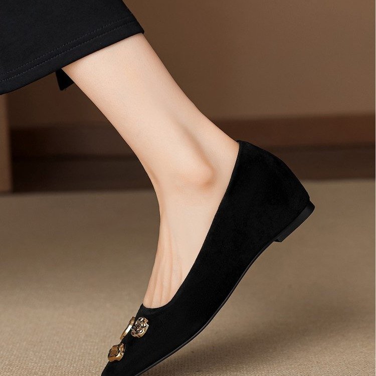 Women Square Toe Matte Suede Ballet Flats Irregular Gold Metal Ornament Decor Slip On Shallow Mouth Elegant Casual Daily Commuter Flat Shoes