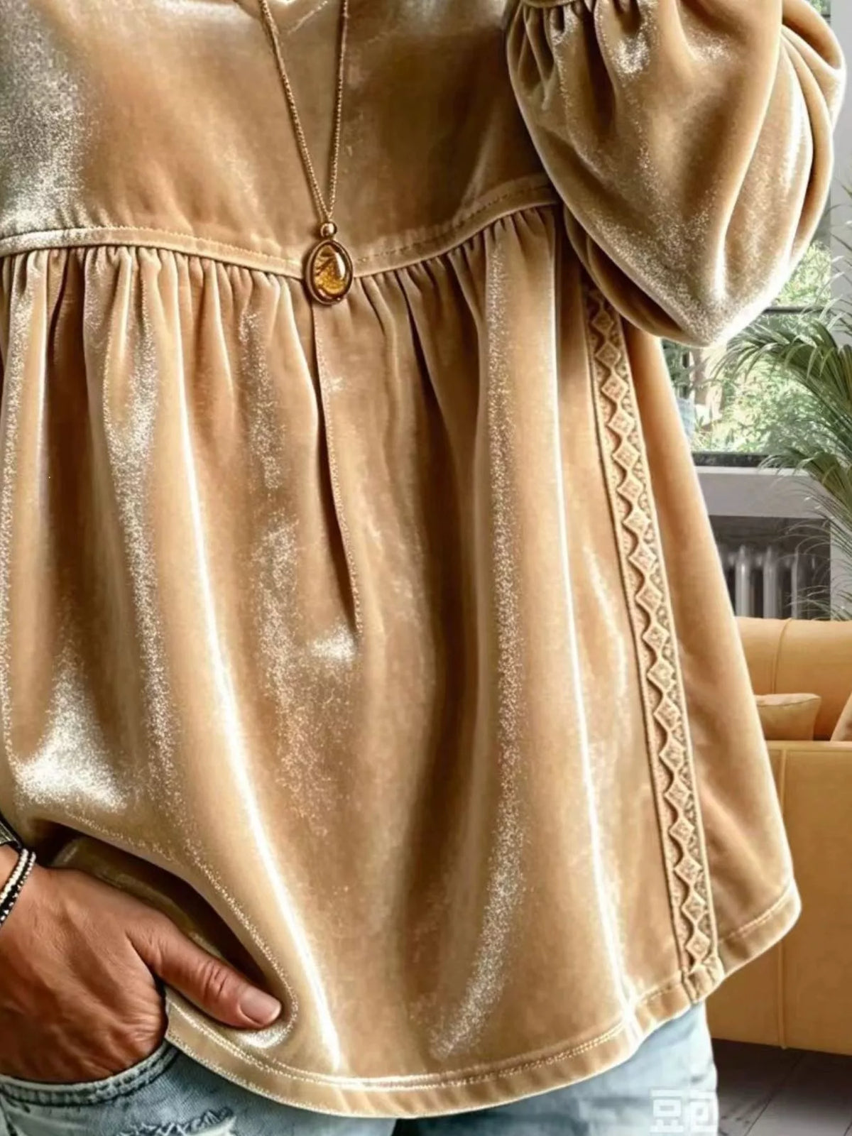 Full Size Velvet Lace Detail V-Neck Blouse Plus Size