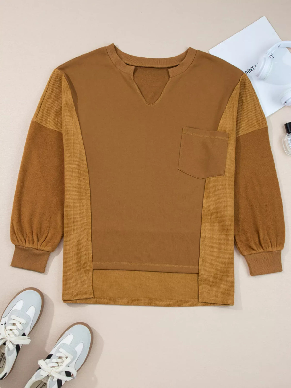 Oversized Textured Split Neck High Low Sweatshirt