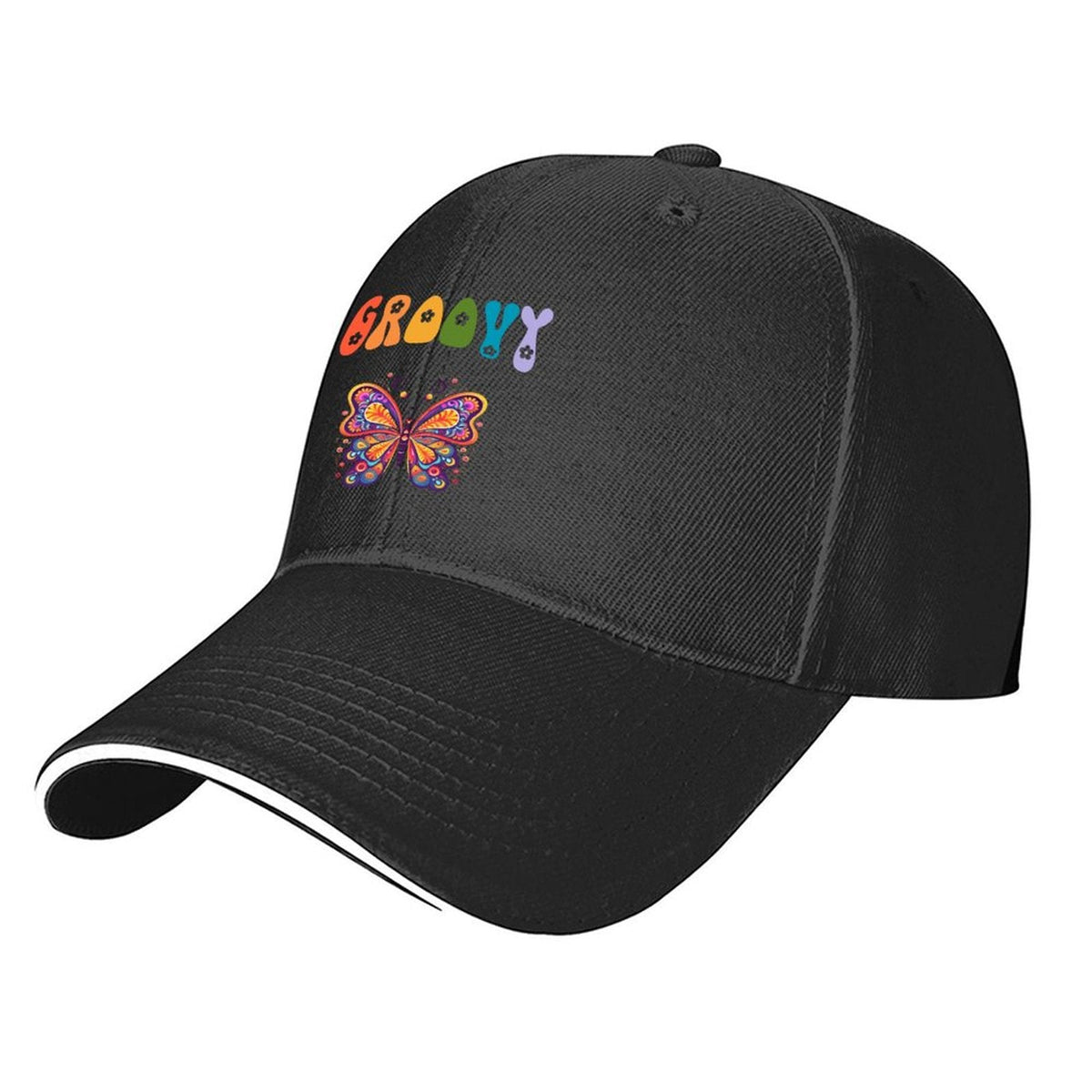Groovy Butterfly Black Sandwich Visor Baseball Cap (Made in USA)