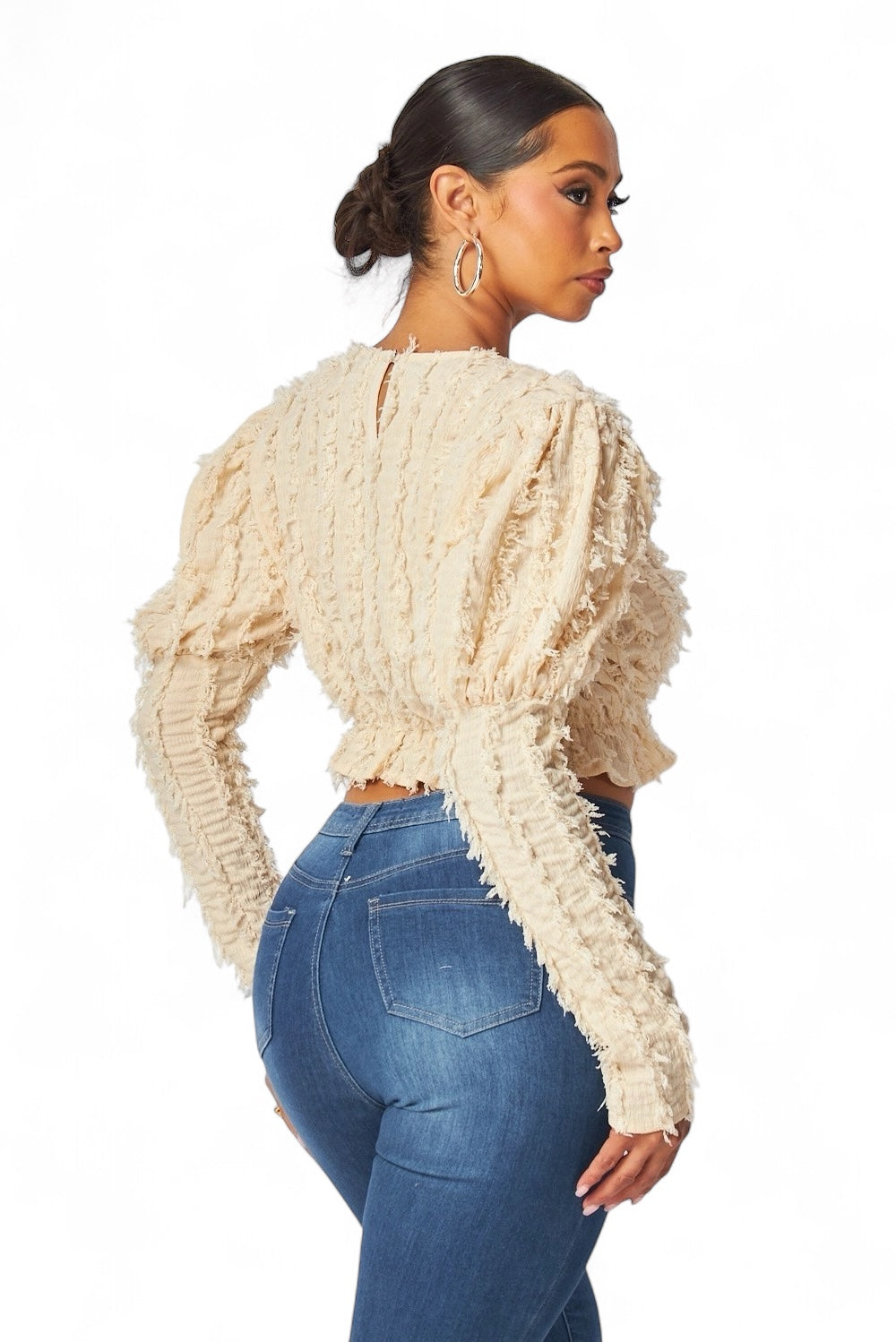 Top corto peplum Alexandria Puff de manga larga y peludo