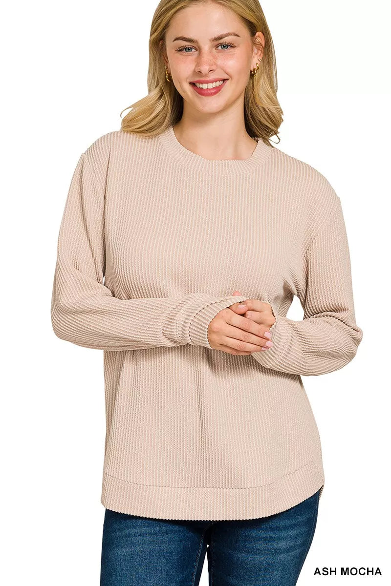 Zenana Top de manga larga con cuello redondo y canalé elevado de talla grande