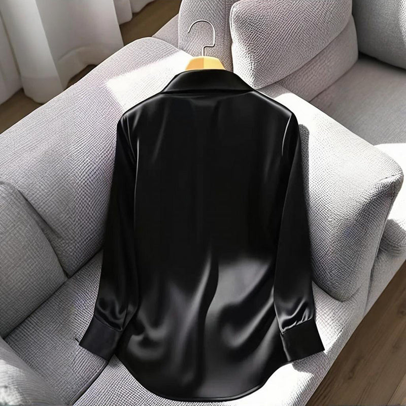 Blusa informal de negocios con cuello en V para mujer – Camisa de manga larga de corte relajado