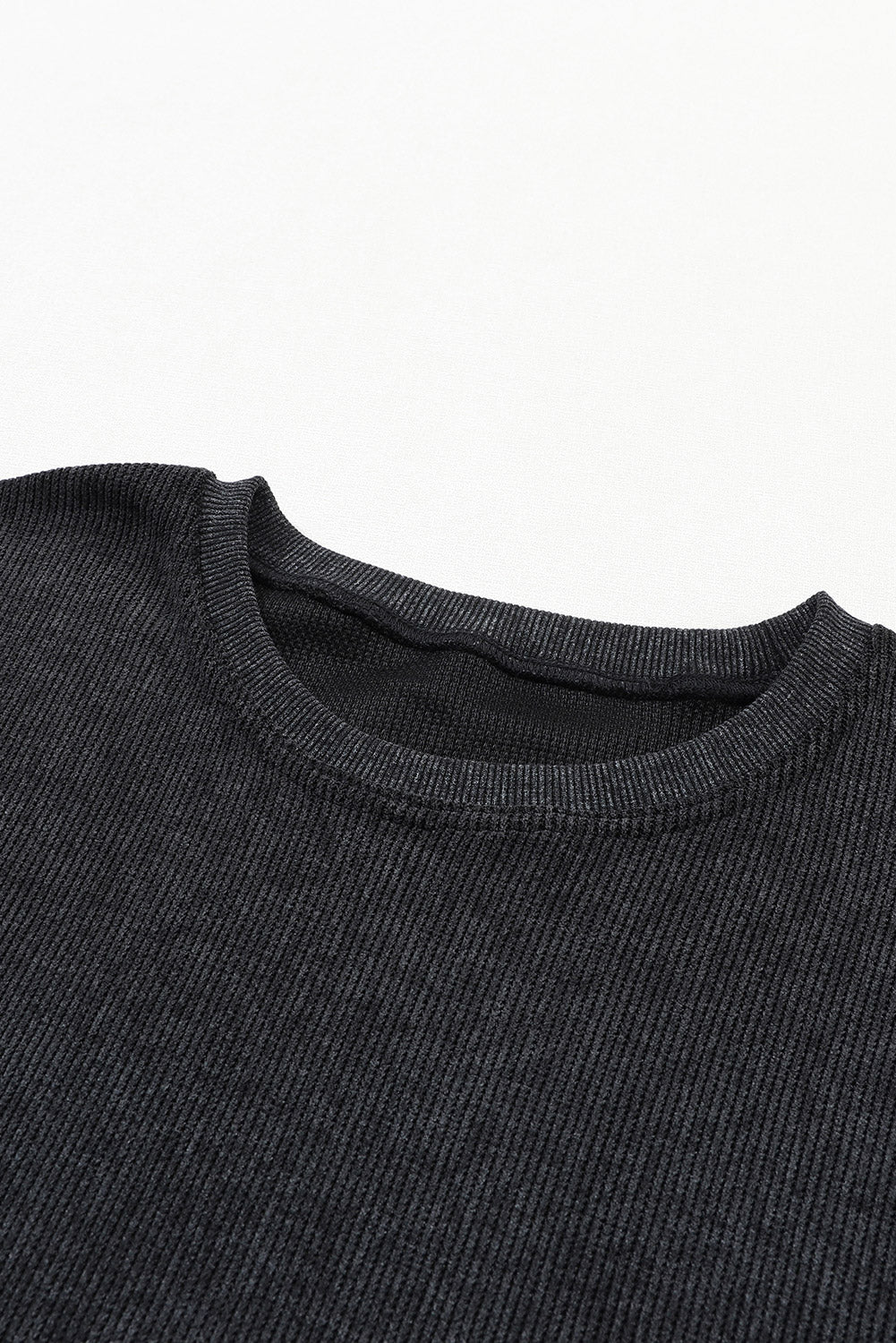 Sudadera Rosa Sólida de Punto Acanalado y Cuello Redondo