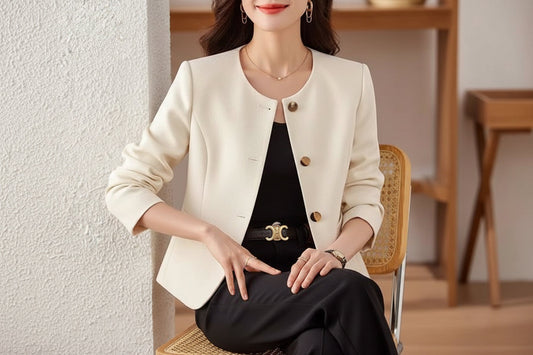 Chaqueta corta con cuello redondo para mujer – Prenda de abrigo informal ligera