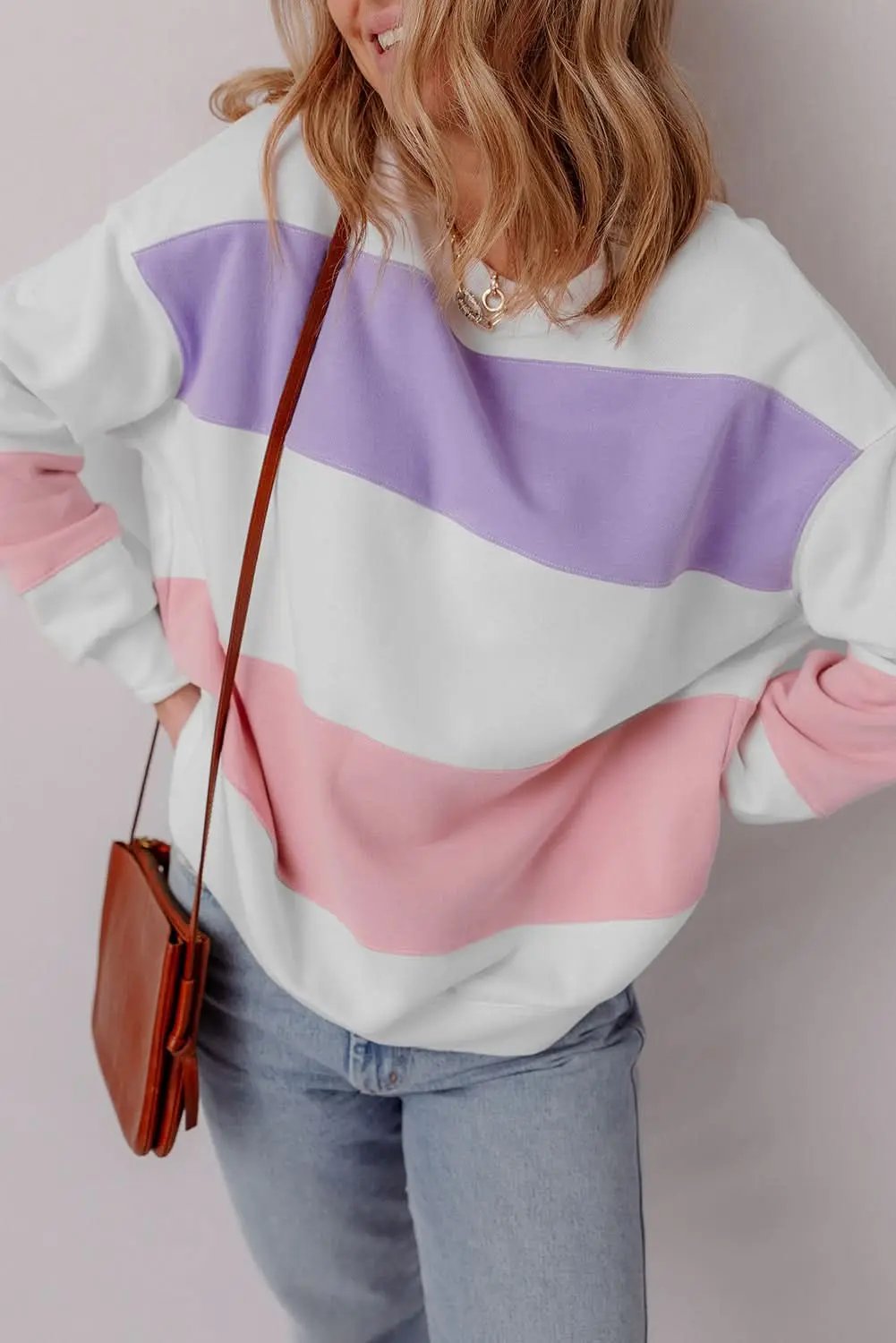 Love Salve Beige Colorblock Patchwork Drop Shoulder Crewneck