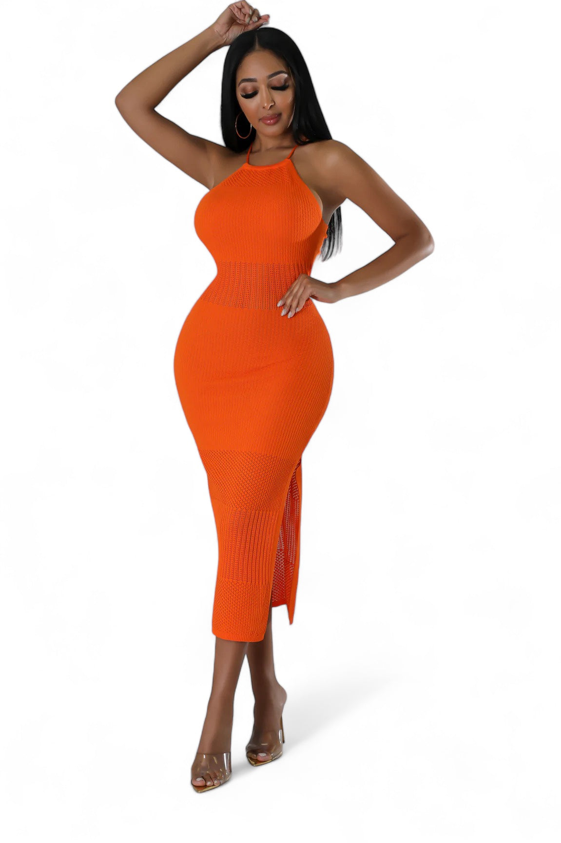 Vestido midi naranja de punto con cuello halter