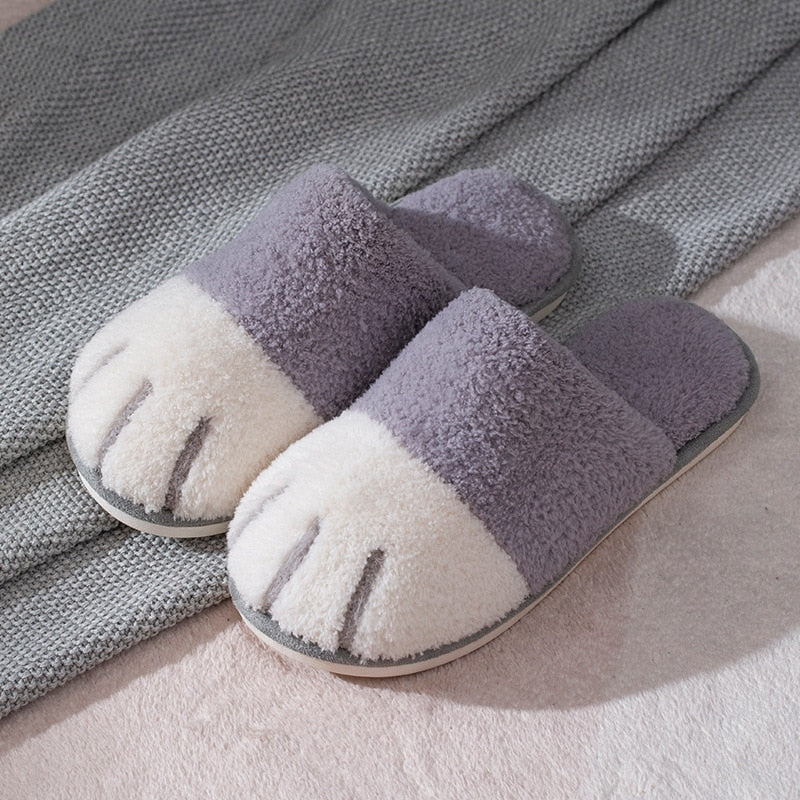 Zapatillas de invierno cálidas con piel para mujer, bonitas zapatillas de dormitorio con diseño de pata de gato, zapatos de felpa cálidos, antideslizantes para interior, zapatillas peludas para mujer