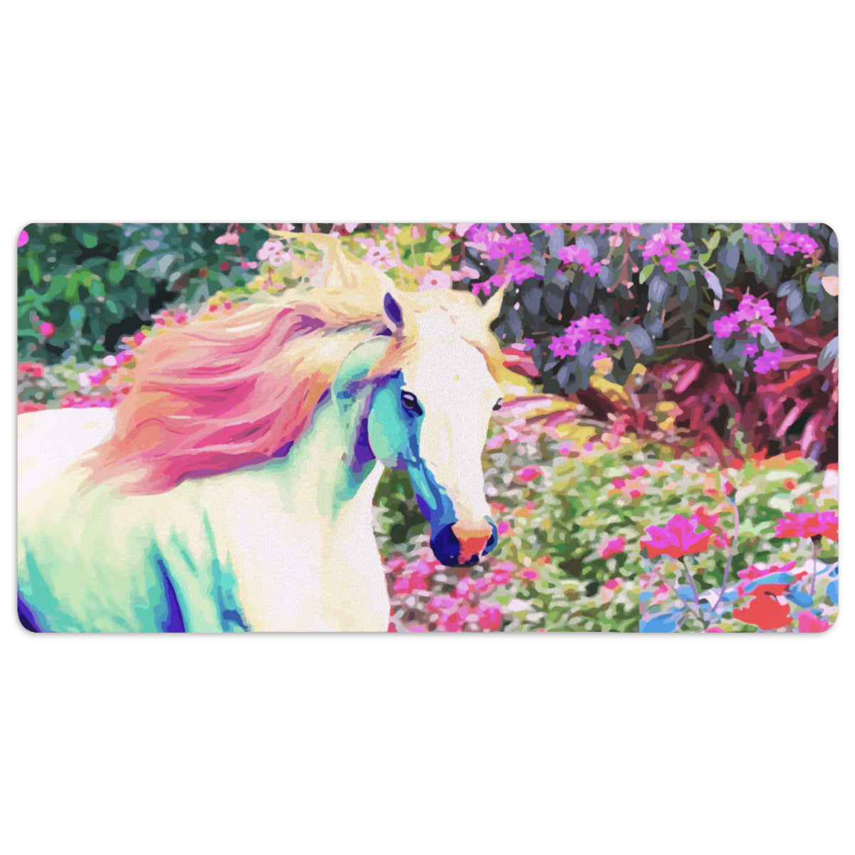 Pink Mane White Horse with Floral Background 40" x 20" Mousepad Desk Mat