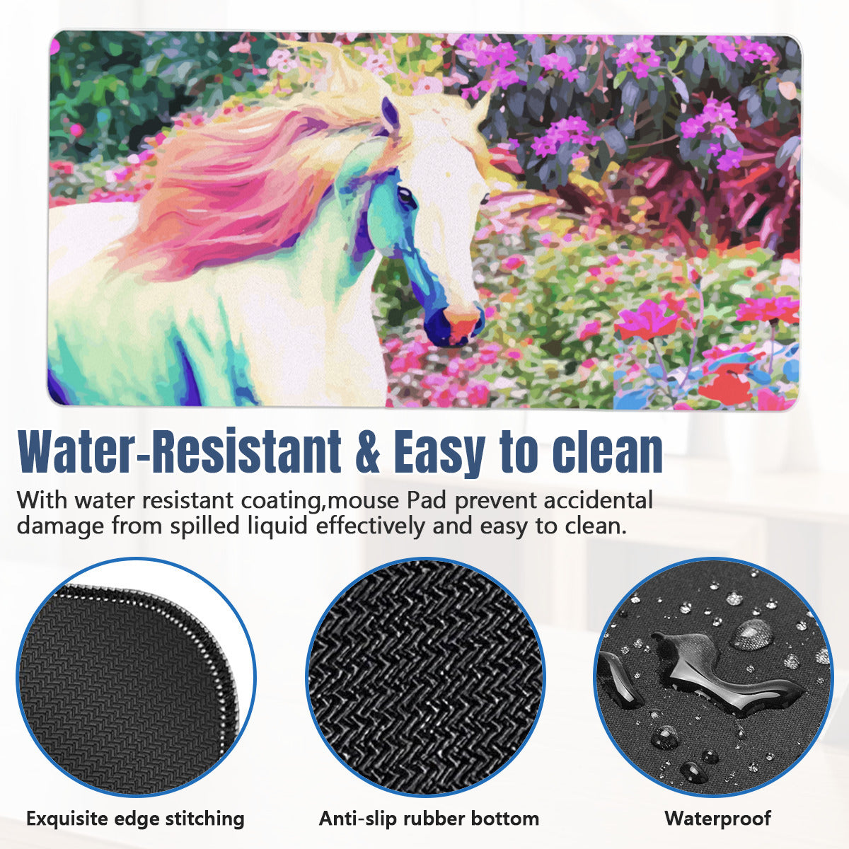 Pink Mane White Horse with Floral Background 40" x 20" Mousepad Desk Mat