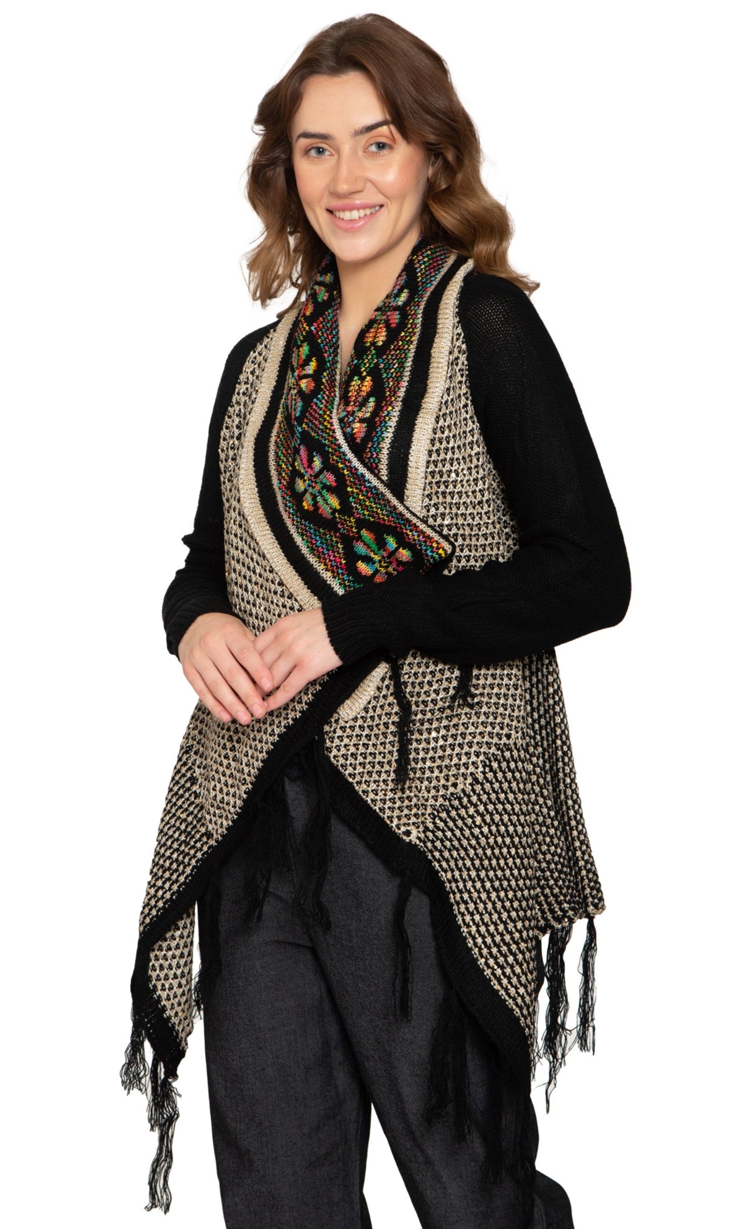 Cárdigan largo abierto de jacquard con flecos para mujer
