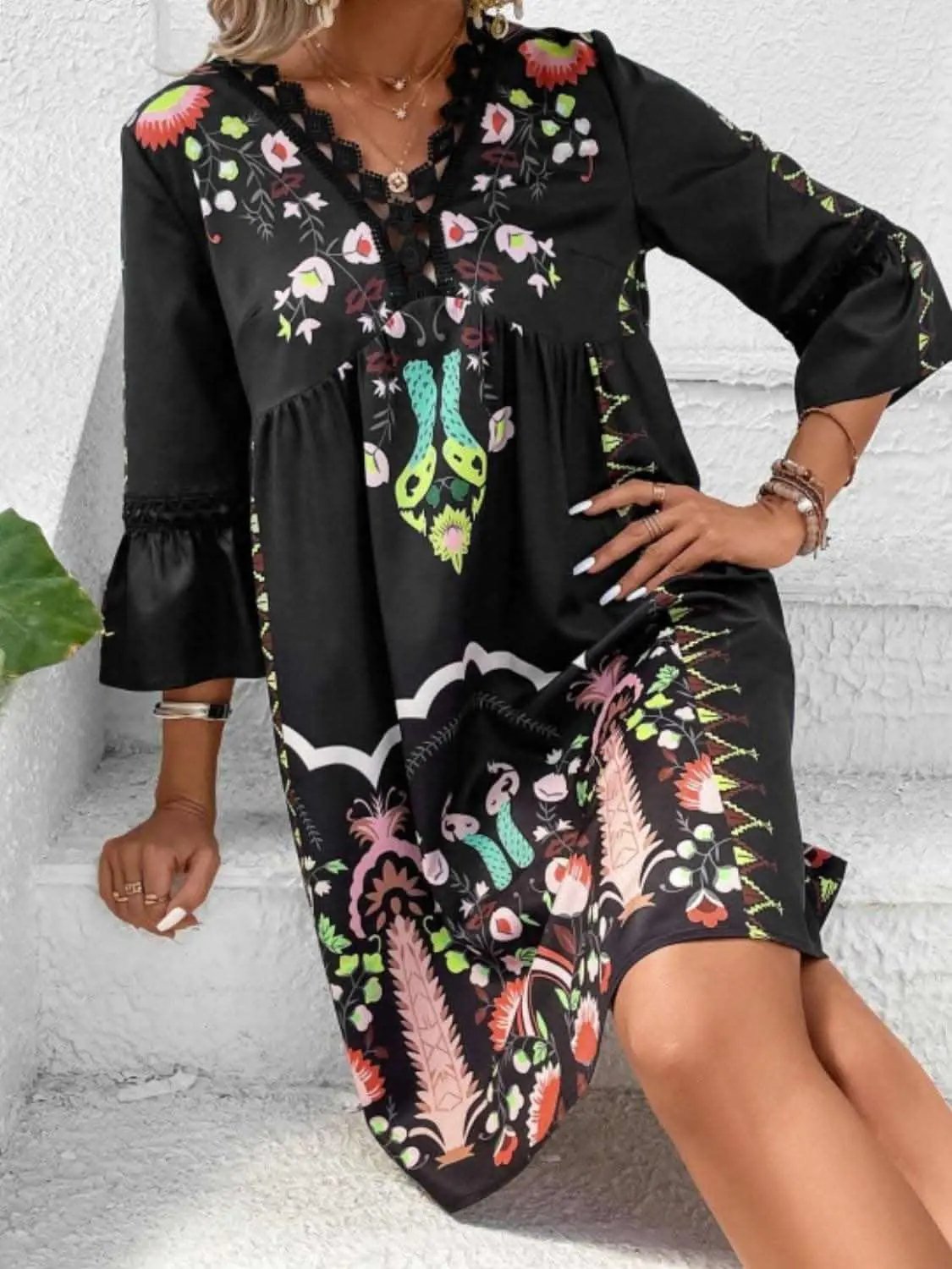 Dresses Trendsi Lace Printed Three-Quarter Dress with Sheer Elegan