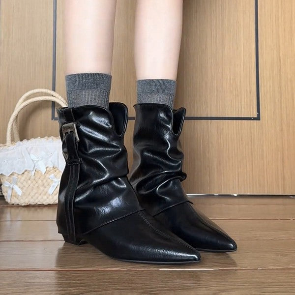 Pointed-toe Leather Belt-buckle Ankle Boots For Women