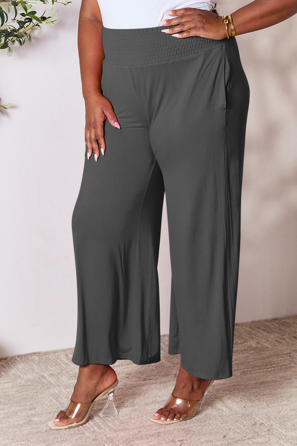 Smocked High-Waist Wide Leg Pants