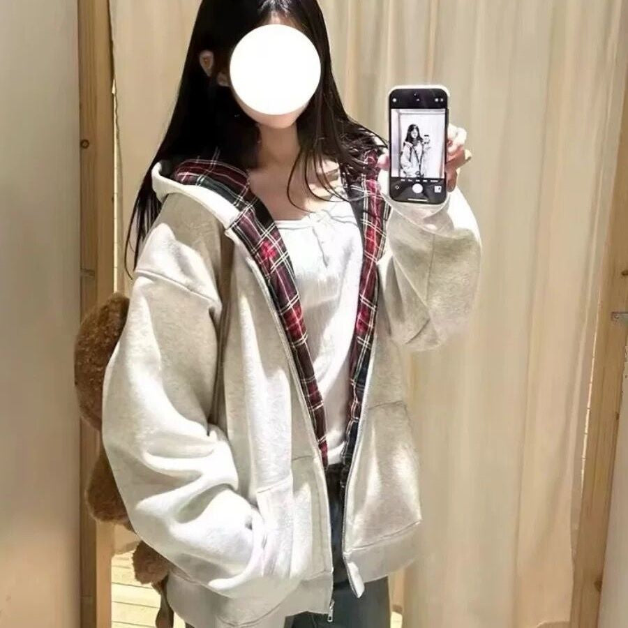 Plaid Loose-fit Cardigan Long-sleeve Zip-up Hoodie Jacket