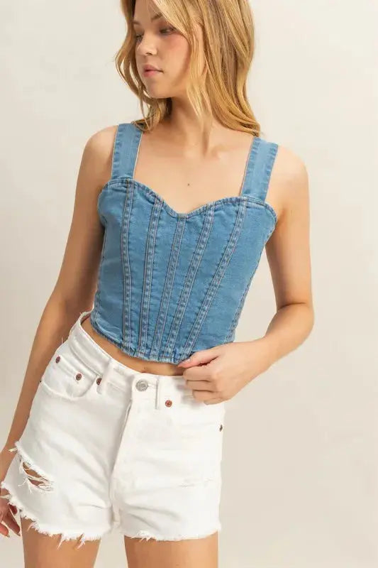 Women's Denim Tank Top Denim Tank Top - Sweetheart Neckline - Casual Style