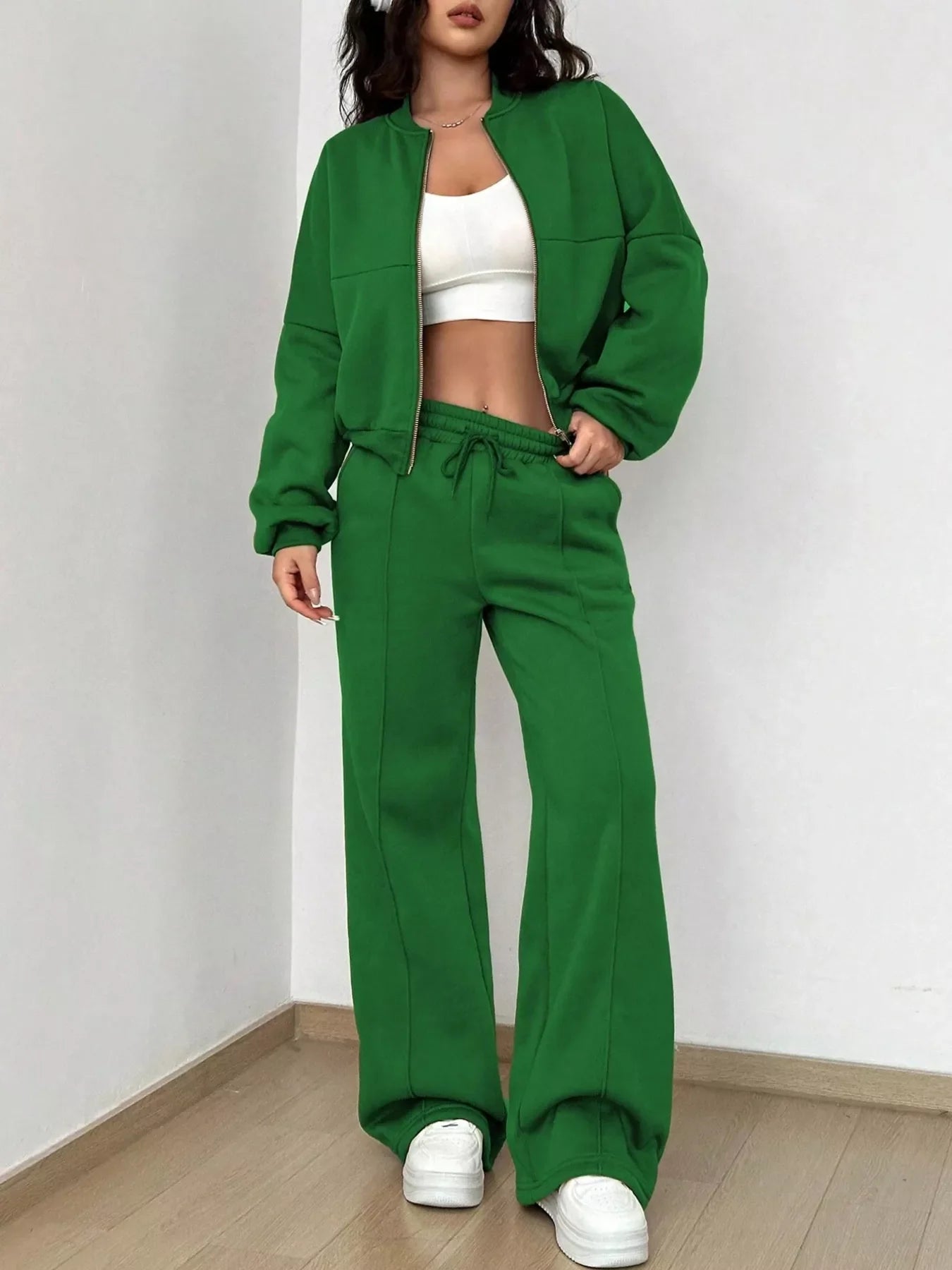 Conjunto de chaqueta con cremallera de color liso informal y pantalones de pernera ancha