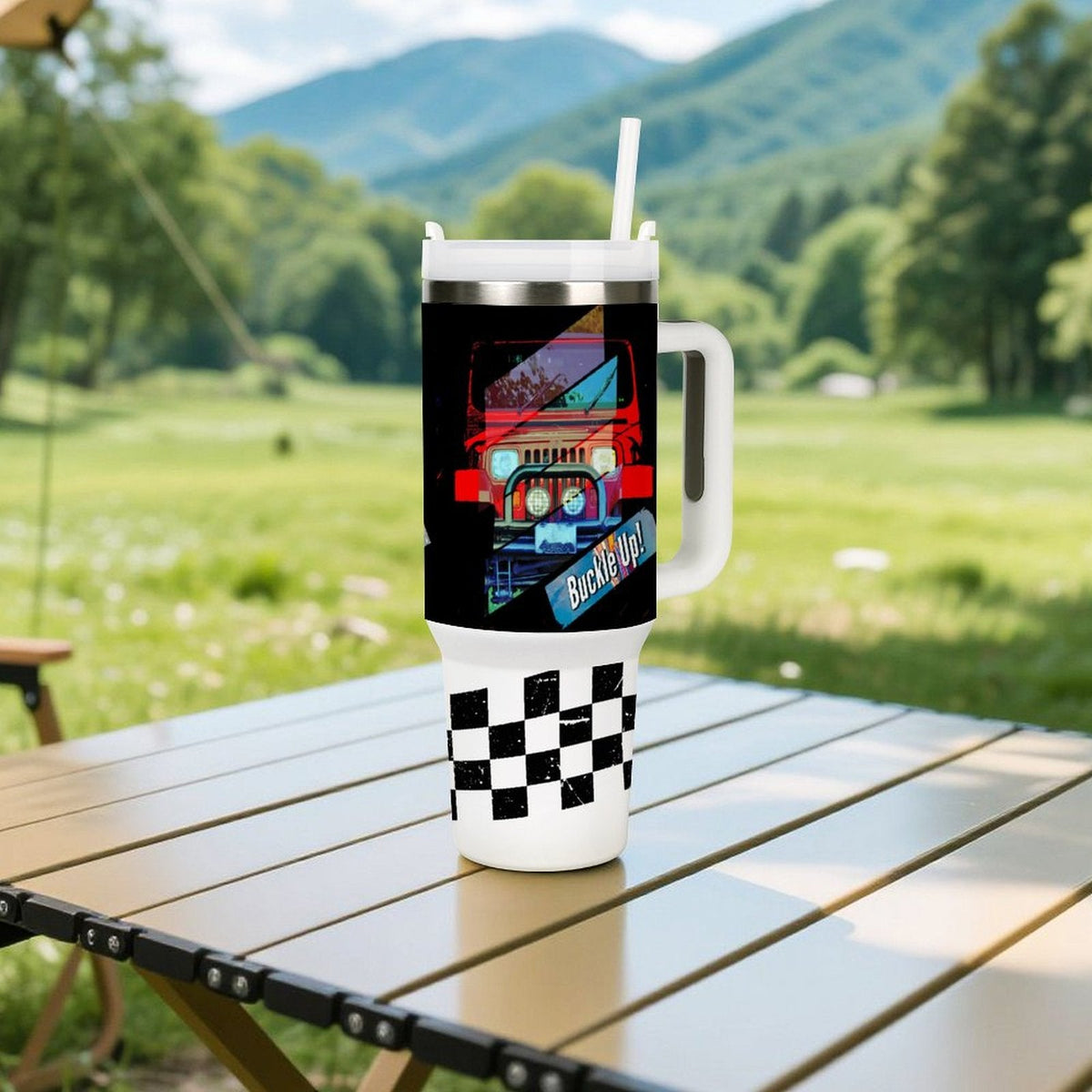 Buckle Up 4-wheel Drive 40oz Stainless Steel Insulated Tumble with Handle & Lid (Made in USA)
