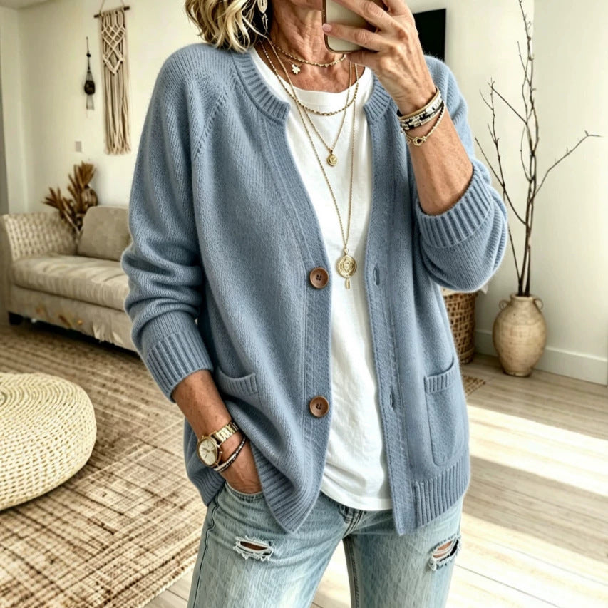 European And American-style Knitted Cardigan Sweater With A Stand-up Collar