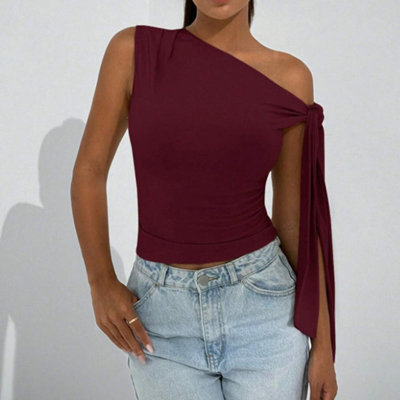 Top asimétrico con lazo en un hombro para mujer – Camisa para salir y fiesta