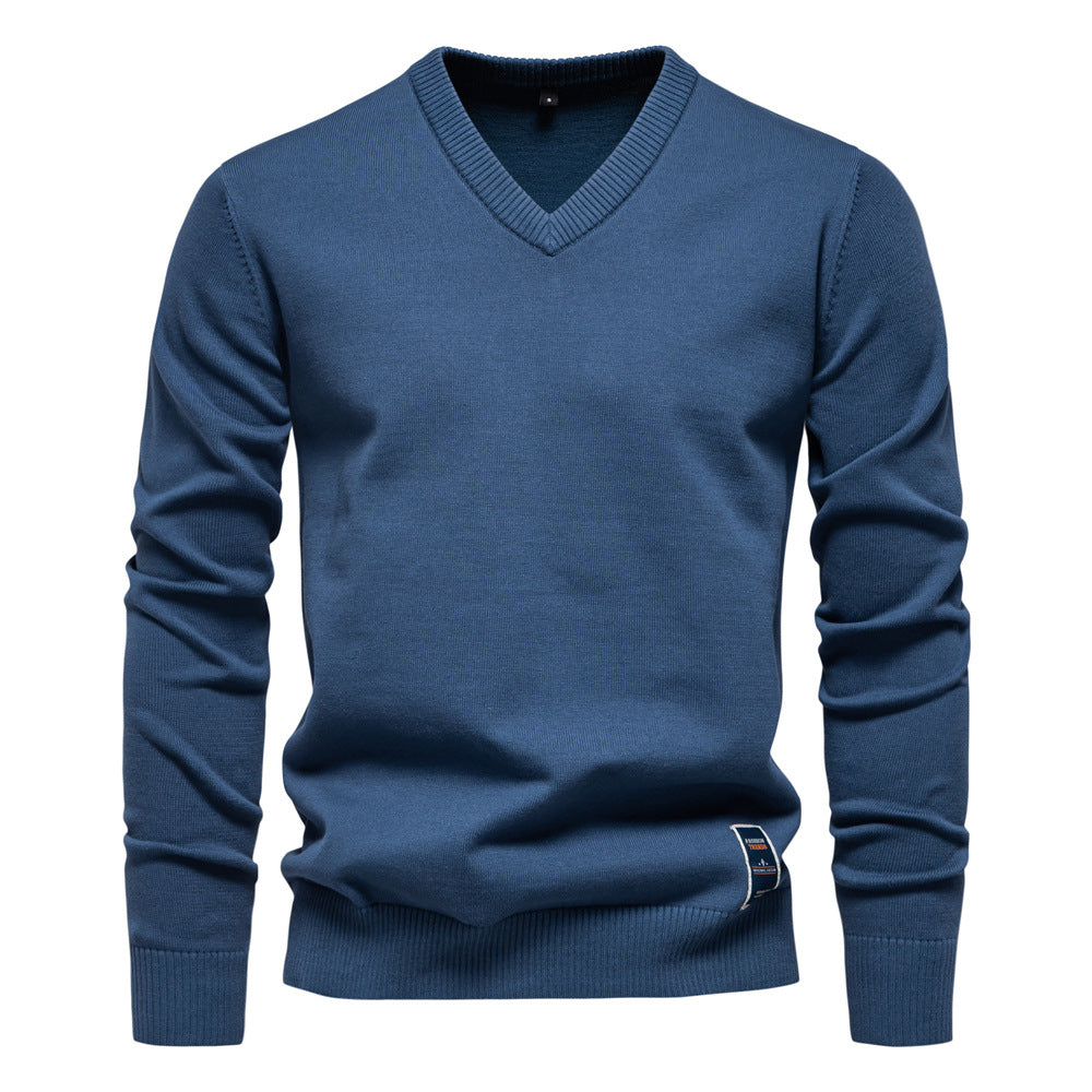 Autumn And Winter New Cotton Cross-border Trade Solid Color Sweater V-Neck Trendy Men's Sweater Men's Sweater